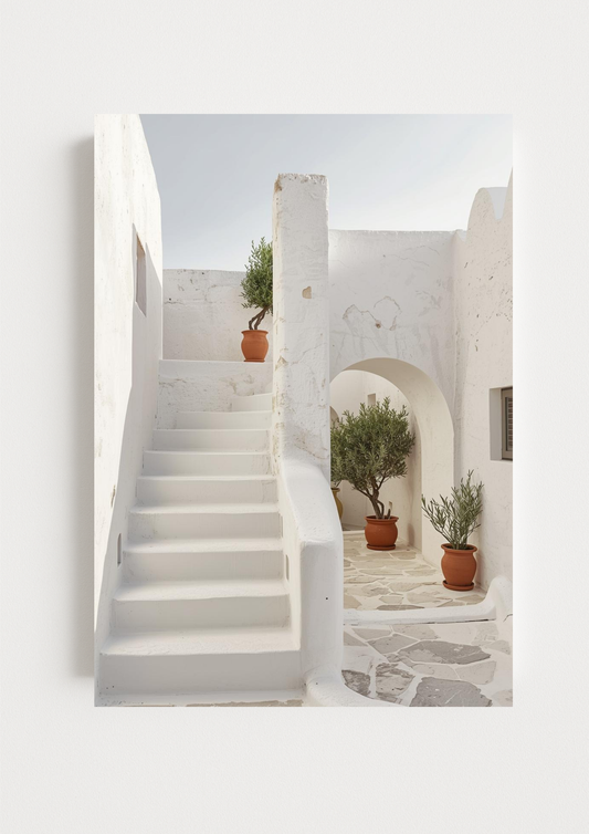 Affiche architecture méditerranéenne – Escaliers blancs et arches – Décoration murale - Idée cadeau