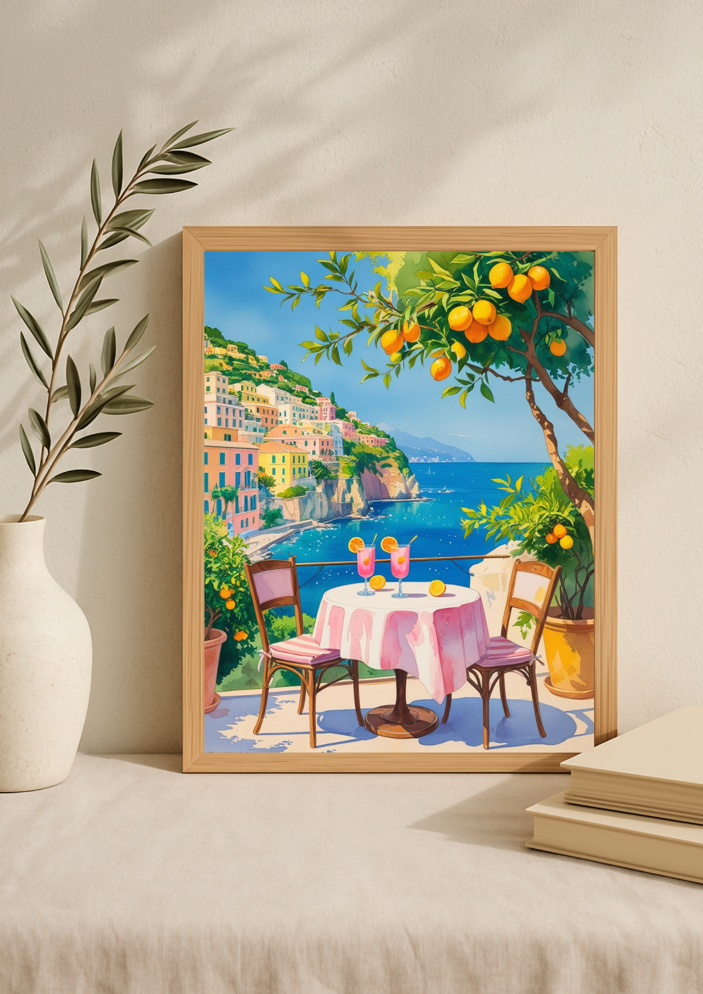 Affiche méditerranéenne – Terrasse avec vue mer, orangers et falaises – Décoration murale