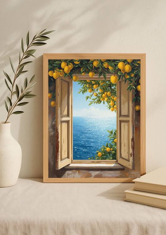 Affiche fenêtre ouverte sur la mer et citronniers – paysage méditerranéen