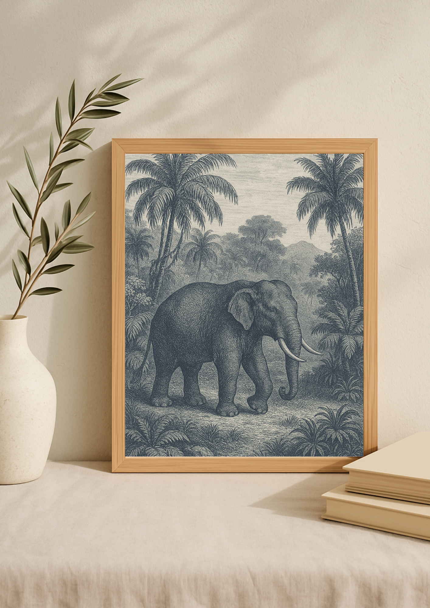 Affiche éléphant tropical style gravure ancienne – décoration murale safari – décoration murale tropical