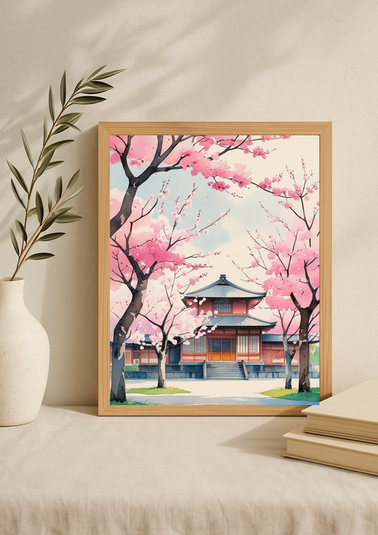 Affiche cerisiers japonais en fleurs – temple traditionnel sakura