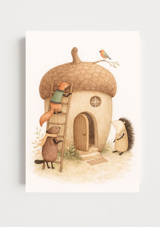 Affiche animaux de la forêt gland – illustration printemps chambre bébé - Univers poétique et minimaliste