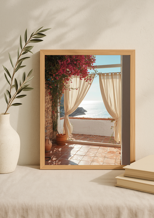 Affiche terrasse méditerranéenne vue mer – décoration murale ambiance vacances