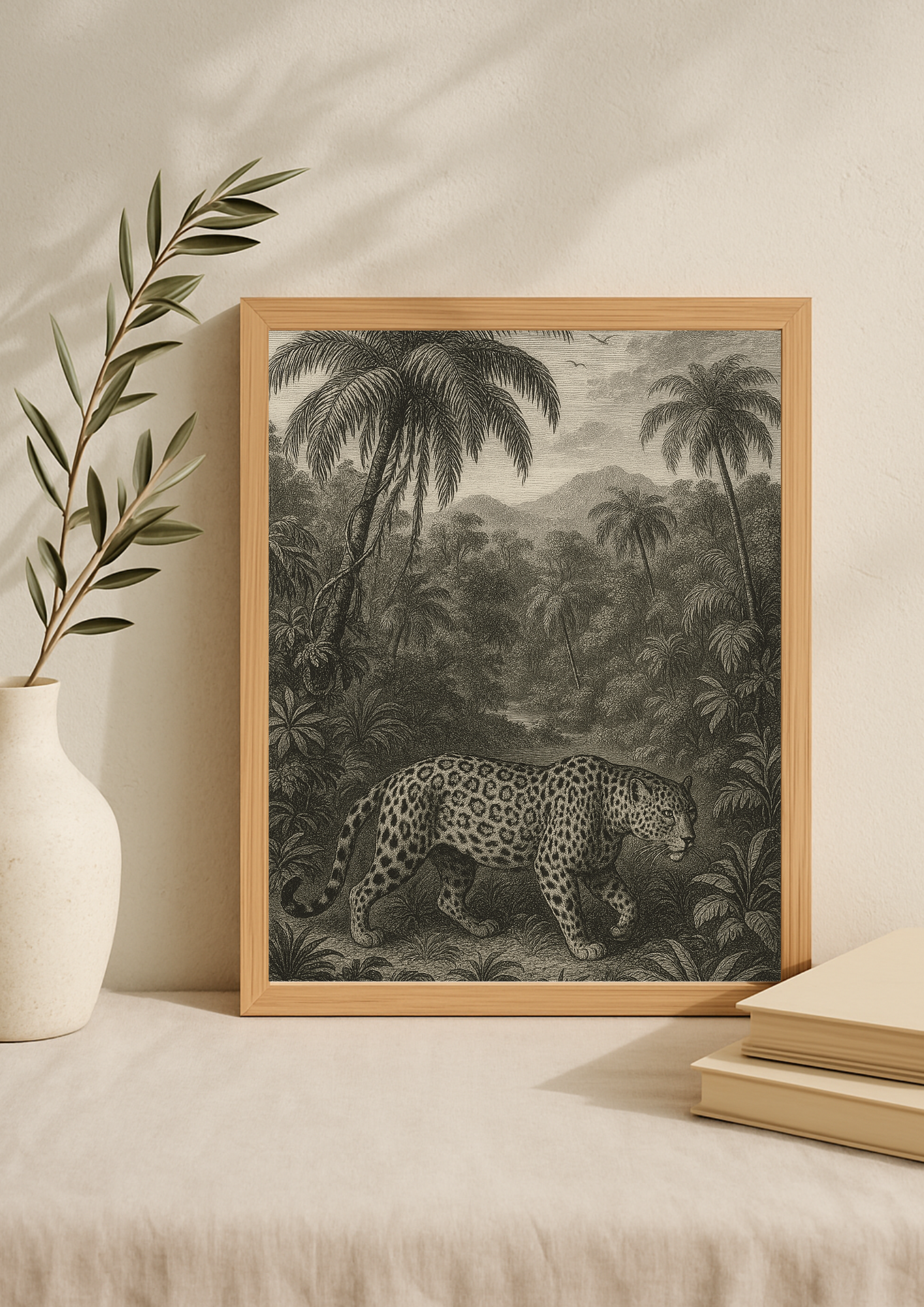 Affiche léopard sauvage style gravure ancienne – décoration murale jungle – jungle sauvage - forêt tropical