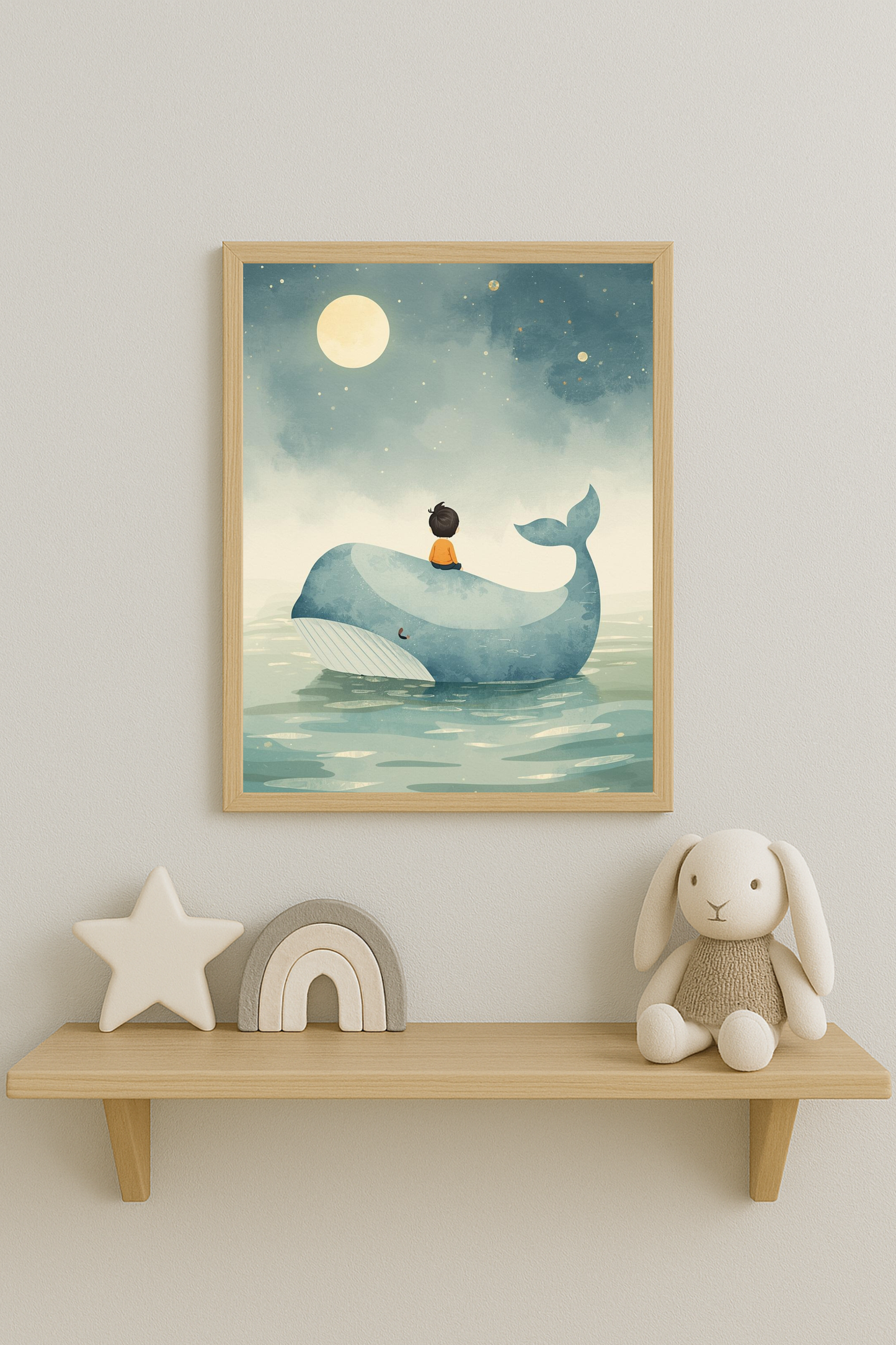 Affiche enfant et baleine sous la lune – illustration chambre bébé - Univers poétique et minimaliste