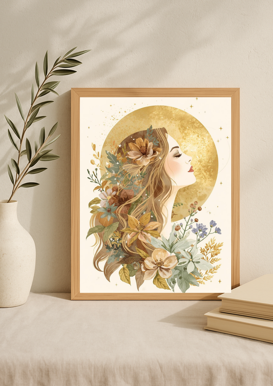 Affiche femme bohème lune dorée - Affiche féminin sacré - art mural mystique floral