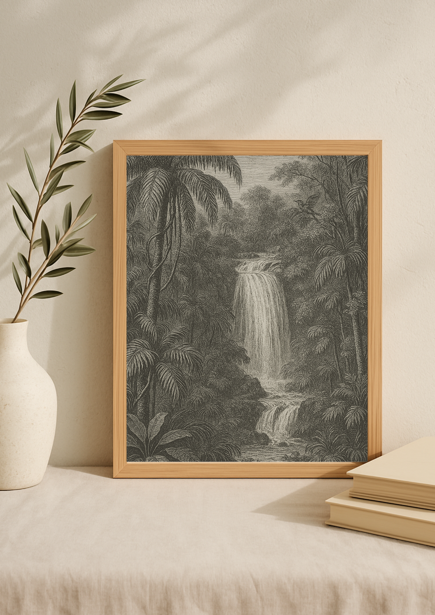 Affiche cascade exotique style gravure ancienne – paysage jungle – tropical – décoration murale safari