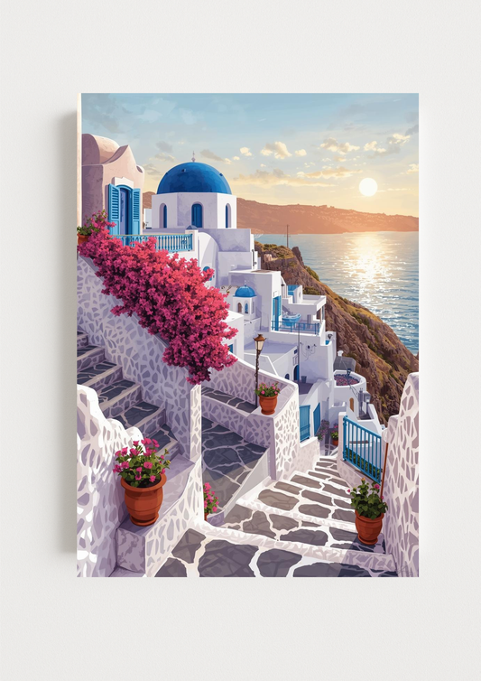 Affiche Santorin – Escaliers blancs et dômes bleus face à la mer – Décoration murale