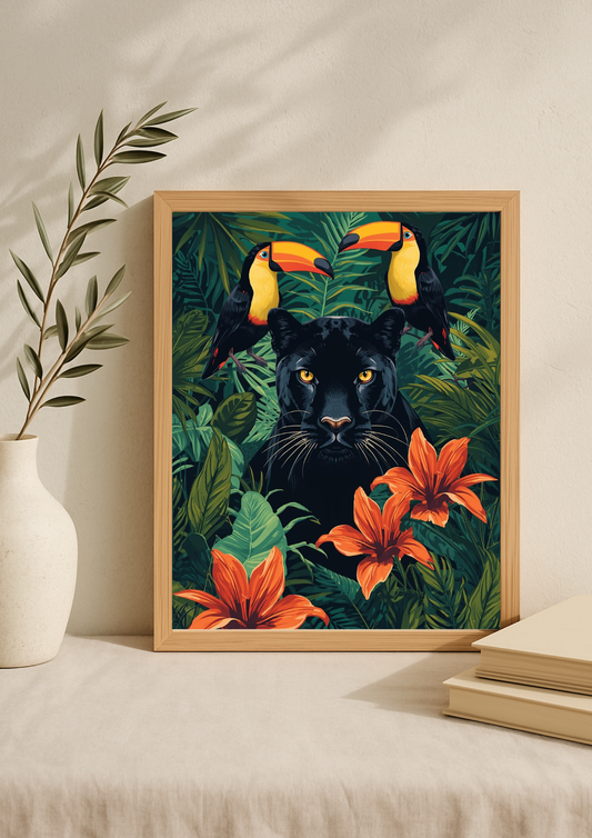 Affiche jungle colorée - Panthère noire - Fleurs éxotiques