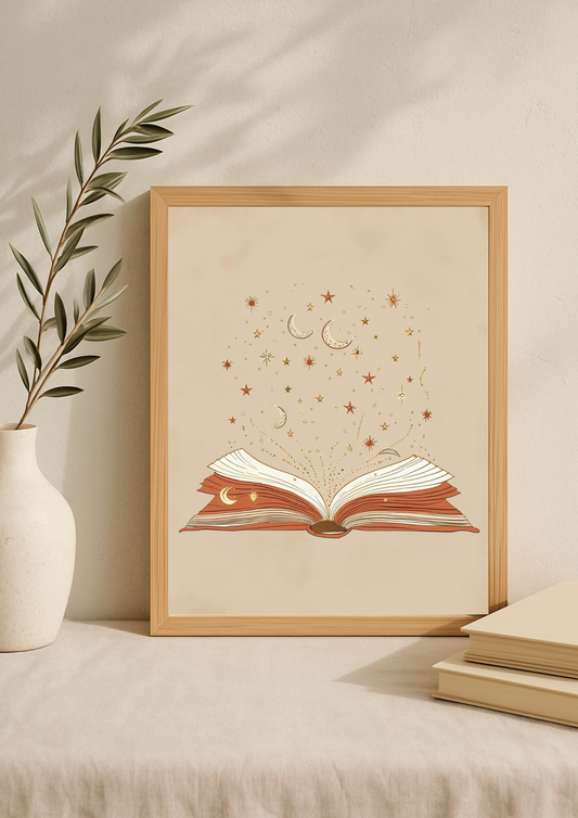 Affiche livre magique étoiles et lunes – illustration poétique minimaliste