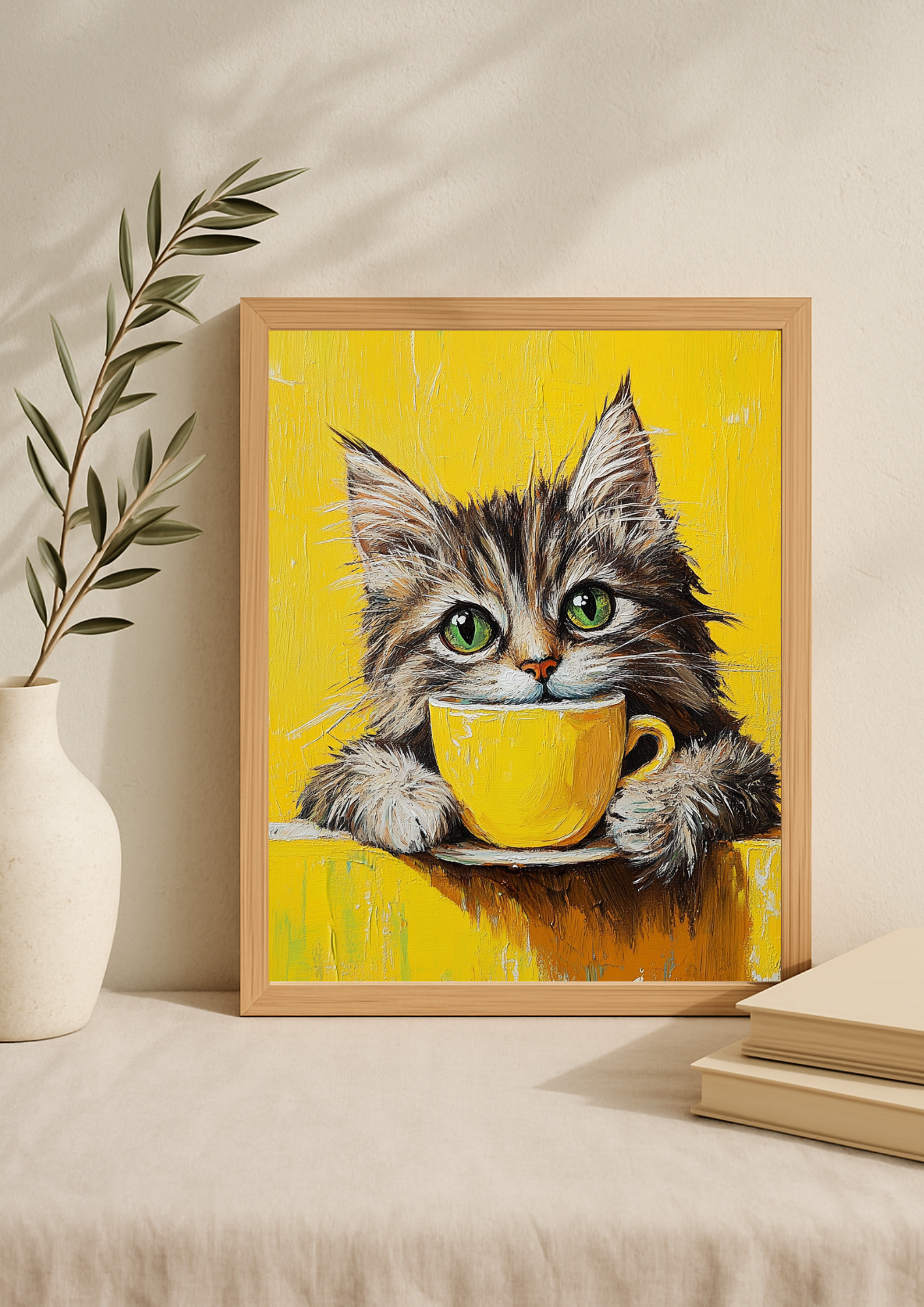Affiche Chat & Café Jaune A4 – Poster Chat Artistique | Déco Murale Animaux