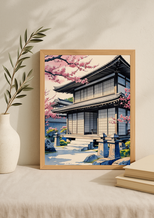 Affiche Kyoto - Maison typique Japonaise - Japon - Fleurs de cerisier