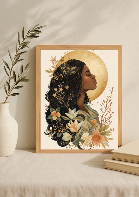 Affiche femme bohème lune dorée – illustration florale mystique