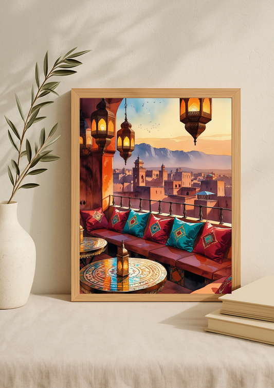 Affiche terrasse de riad marocain au coucher de soleil – lanternes orientales