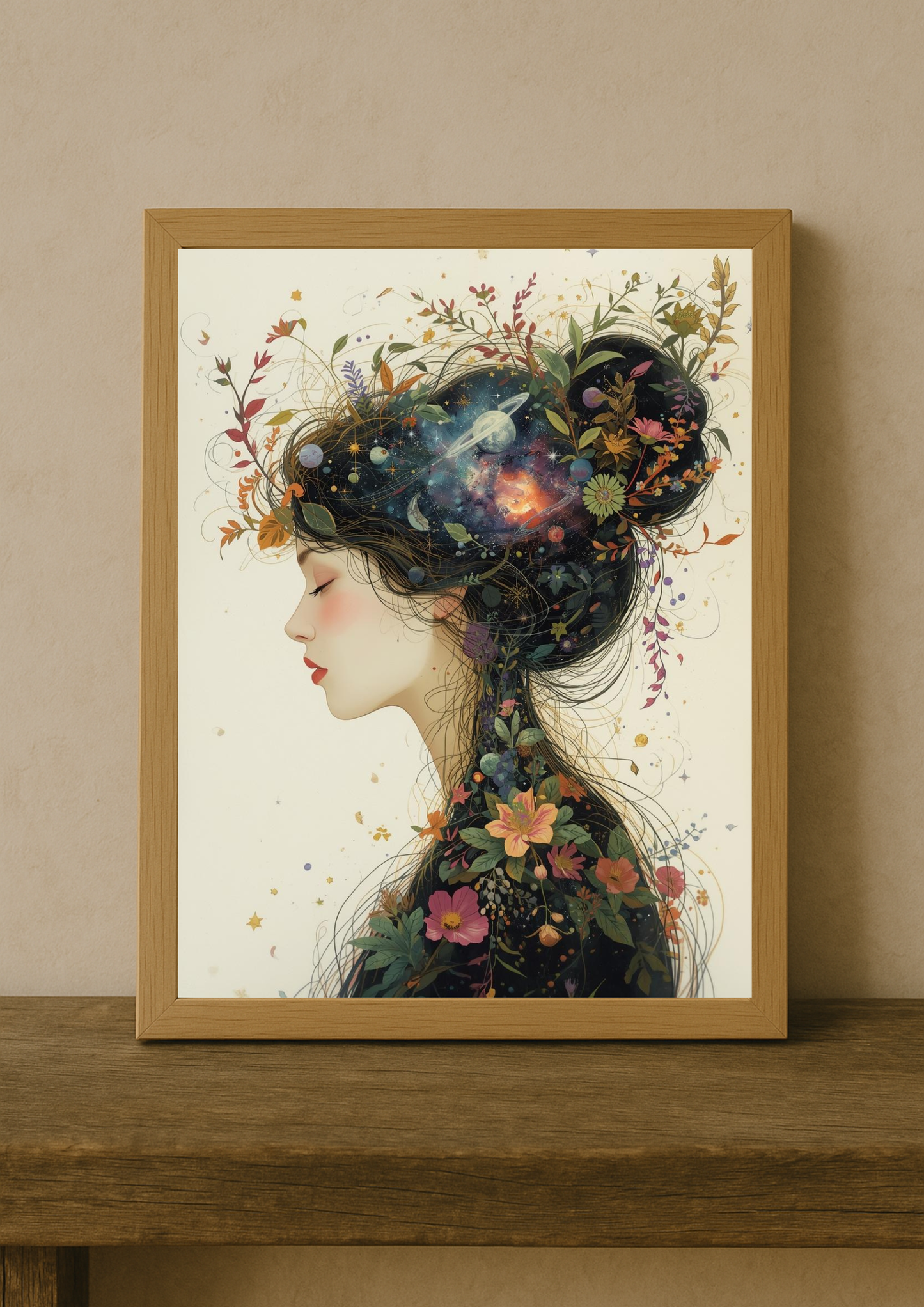 Affiche femme cosmique florale – Art mural bohème et poétique