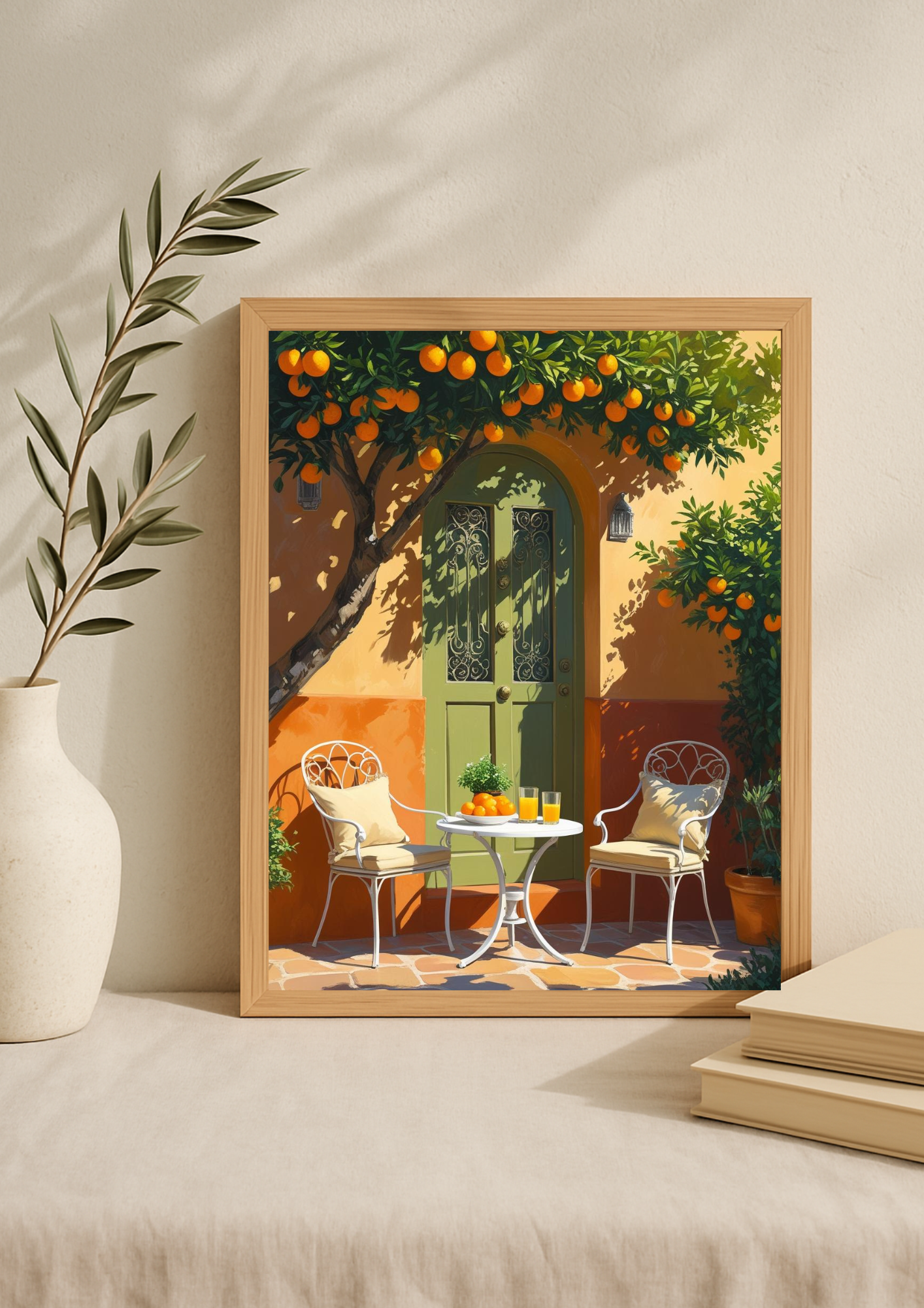 Affiche terrasse méditerranéenne – Orangers et porte verte – Décoration murale style sud