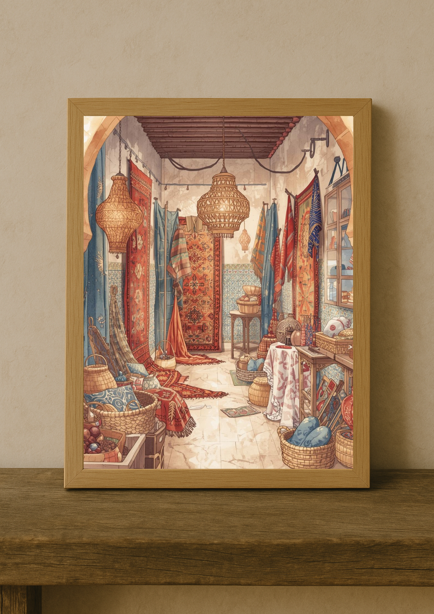 Affiche souk oriental – boutique de tapis et lanternes bohème, décoration murale
