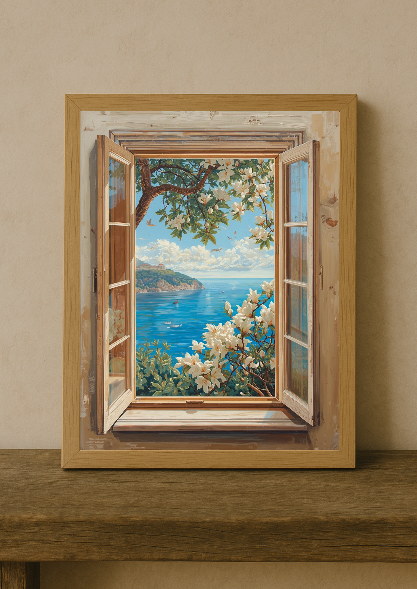 Affiche vue mer Méditerranée depuis fenêtre – paysage floral lumineux