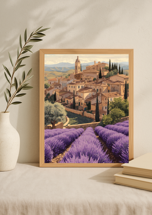 Affiche champs de lavande et village provençal – Décoration murale