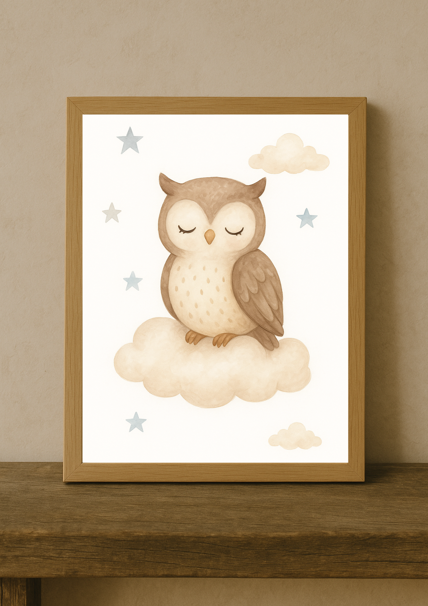 Affiche Hibou Endormi – Aquarelle pour Chambre d'Enfant– illustration chambre bébé - Univers poétique et minimaliste
