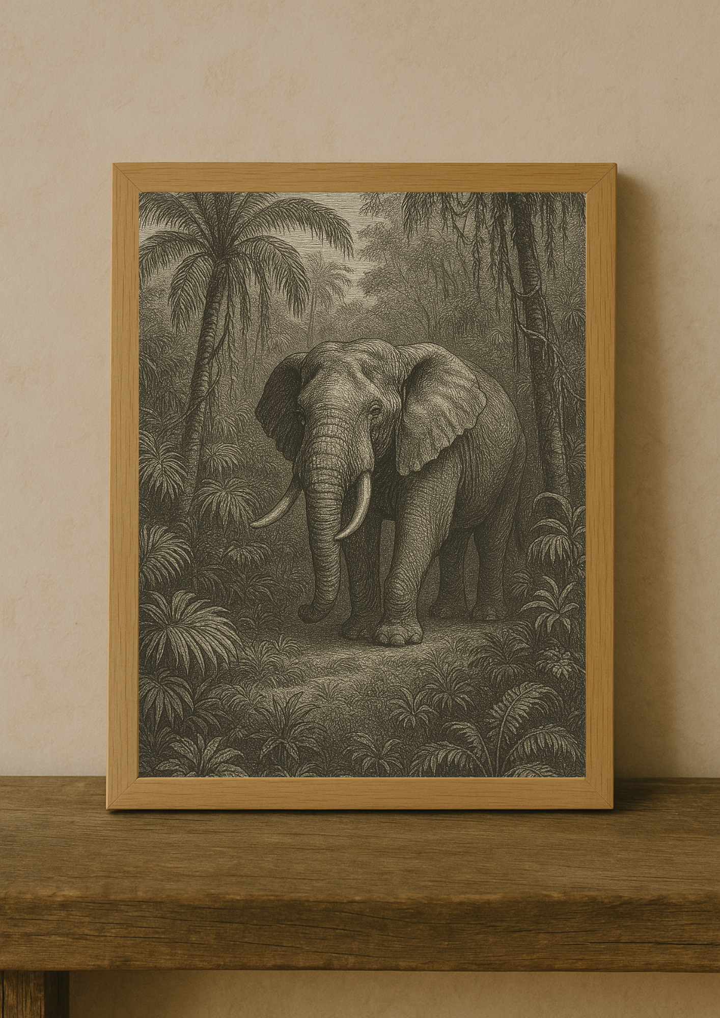 Affiche éléphant tropical style gravure ancienne – animal sauvage – jungle sauvage - forêt tropical