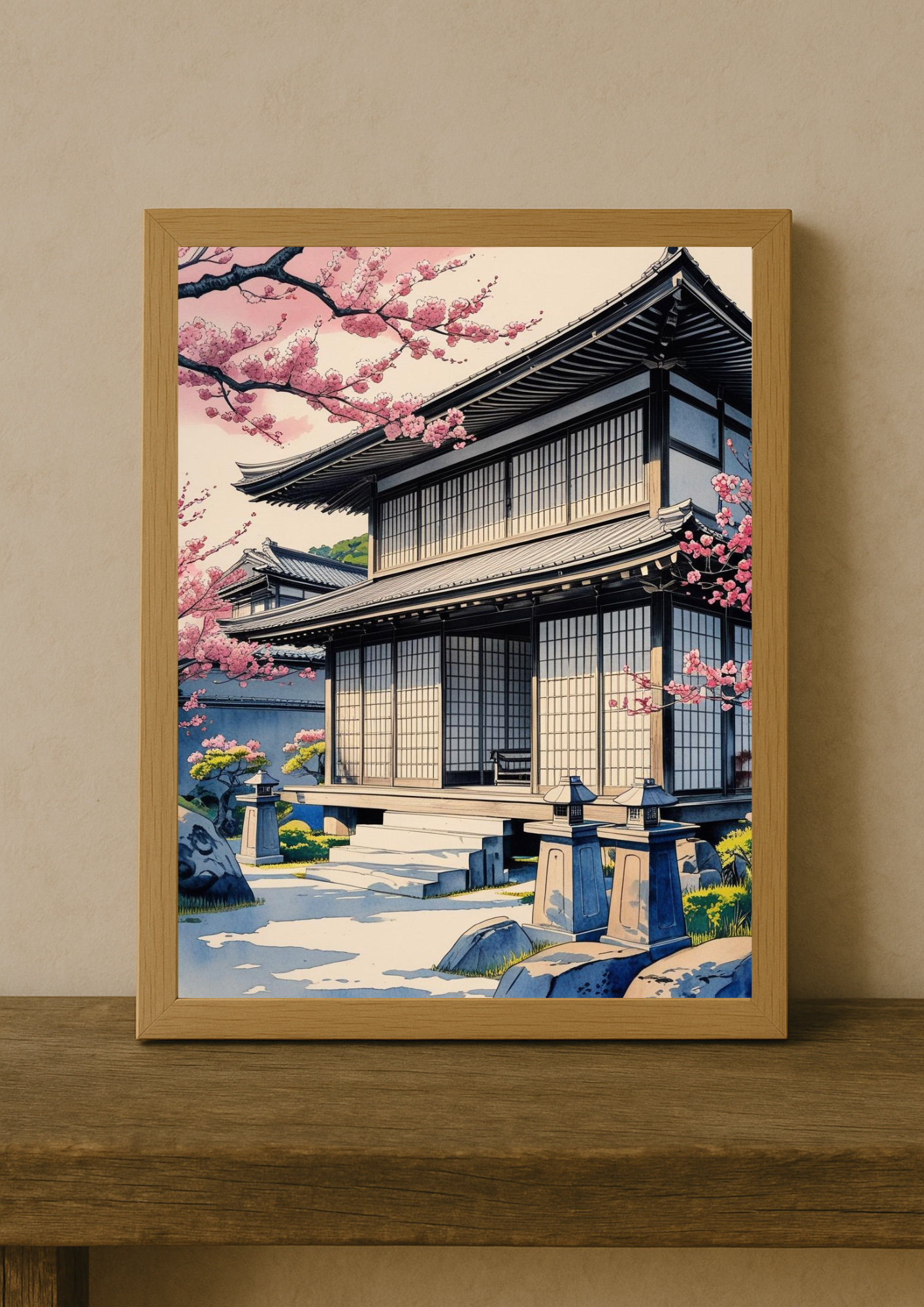 Affiche Kyoto - Maison typique Japonaise - Japon - Fleurs de cerisier
