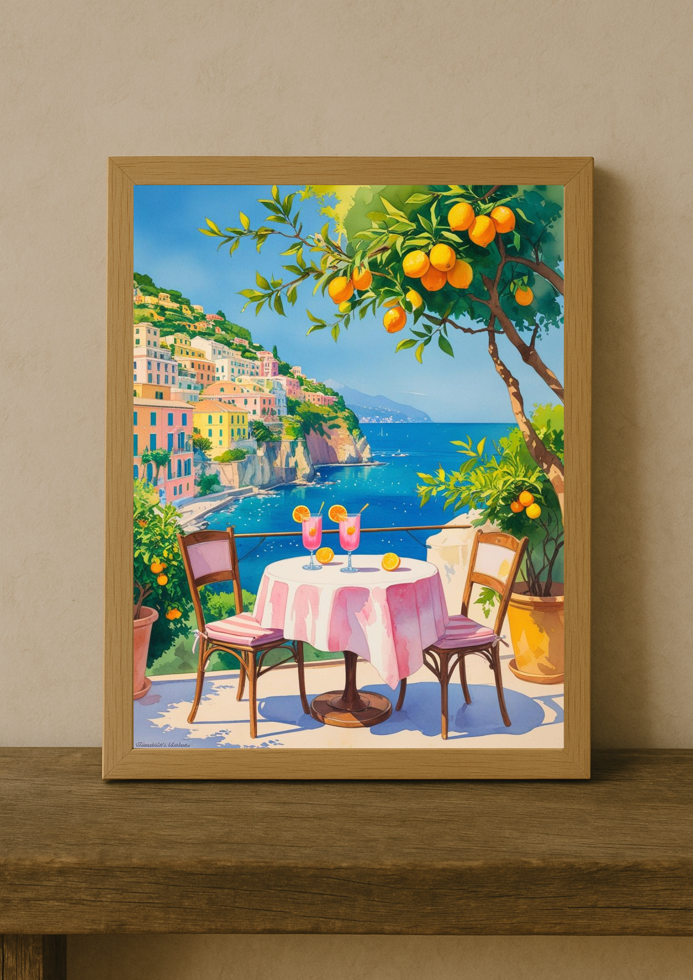 Affiche méditerranéenne – Terrasse avec vue mer, orangers et falaises – Décoration murale