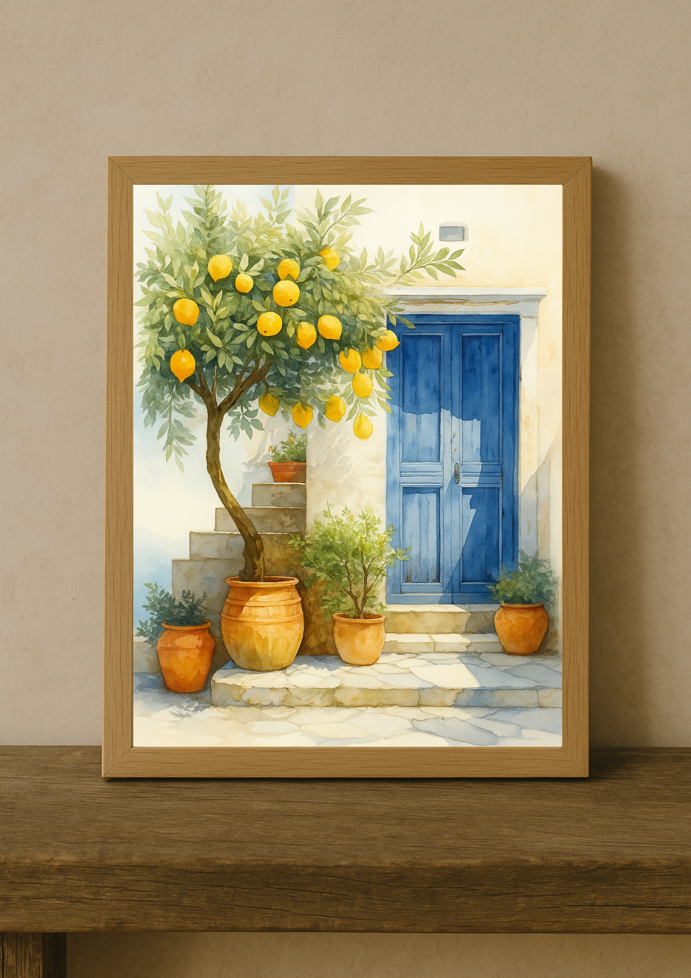 Affiche citronnier méditerranéen aquarelle – porte bleue et pots en terre cuite