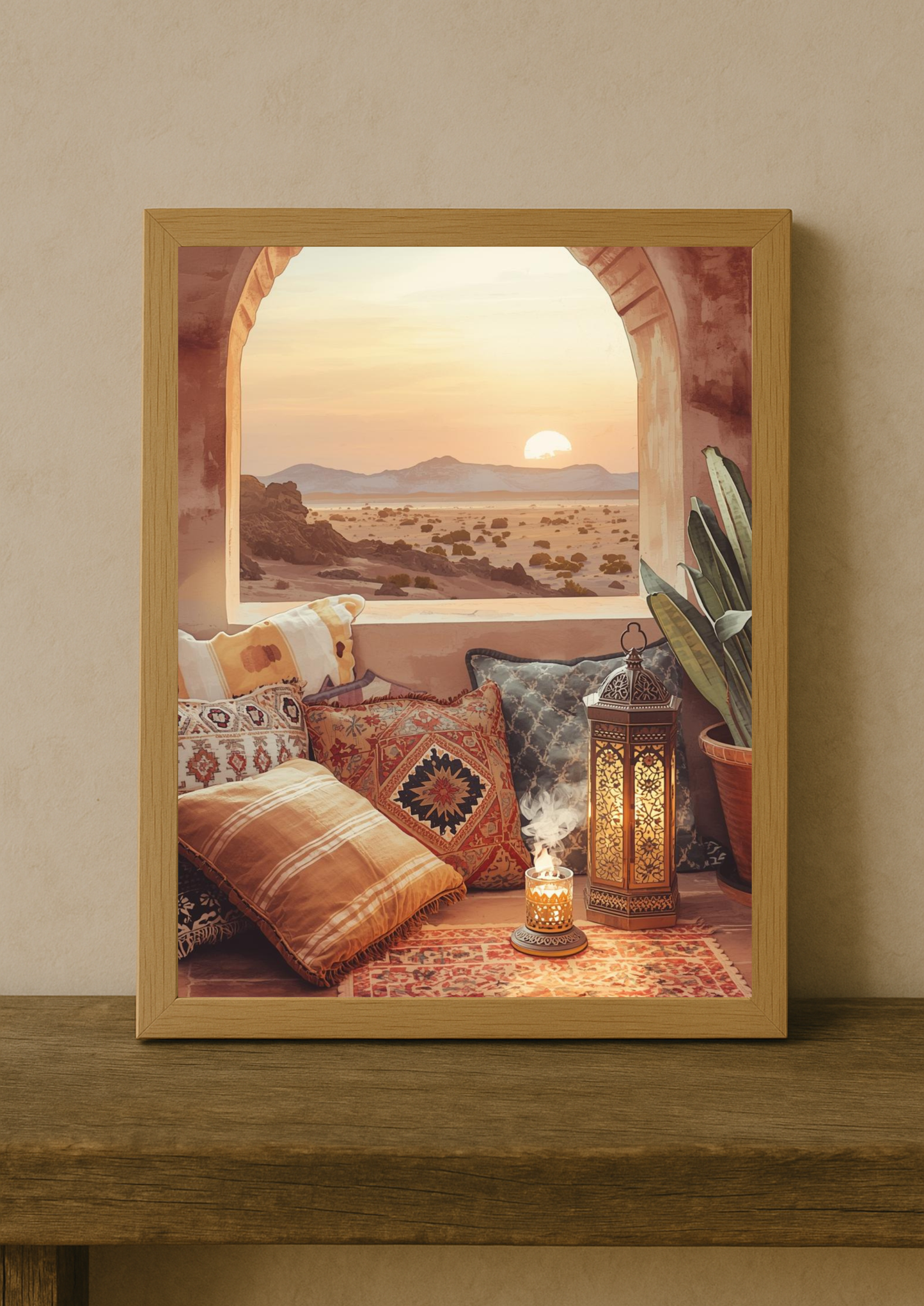 Affiche désert oriental au coucher de soleil – ambiance riad et lanterne