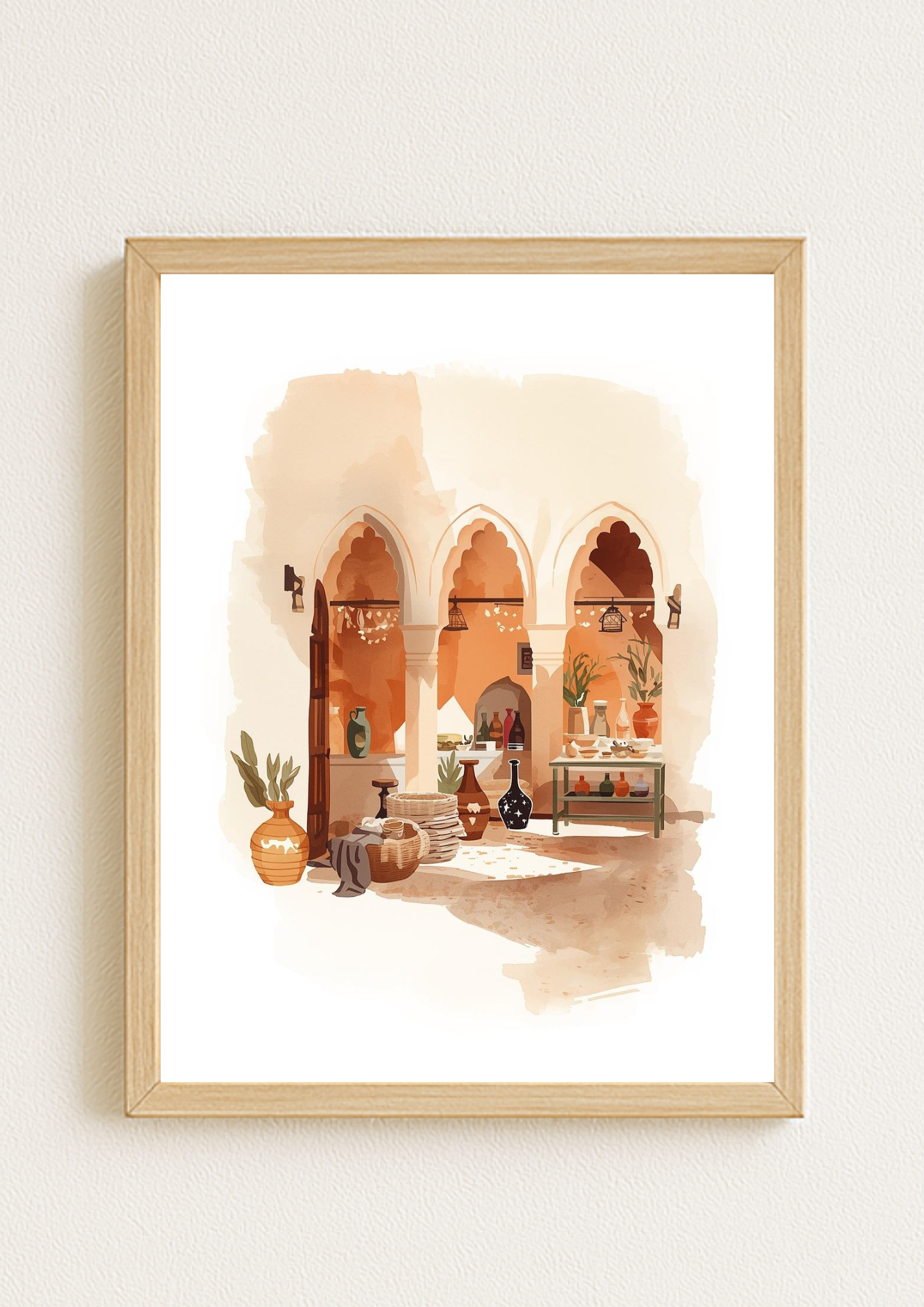 Affiche patio marocain – arches orientales et artisanat – décoration murale chaleureuse