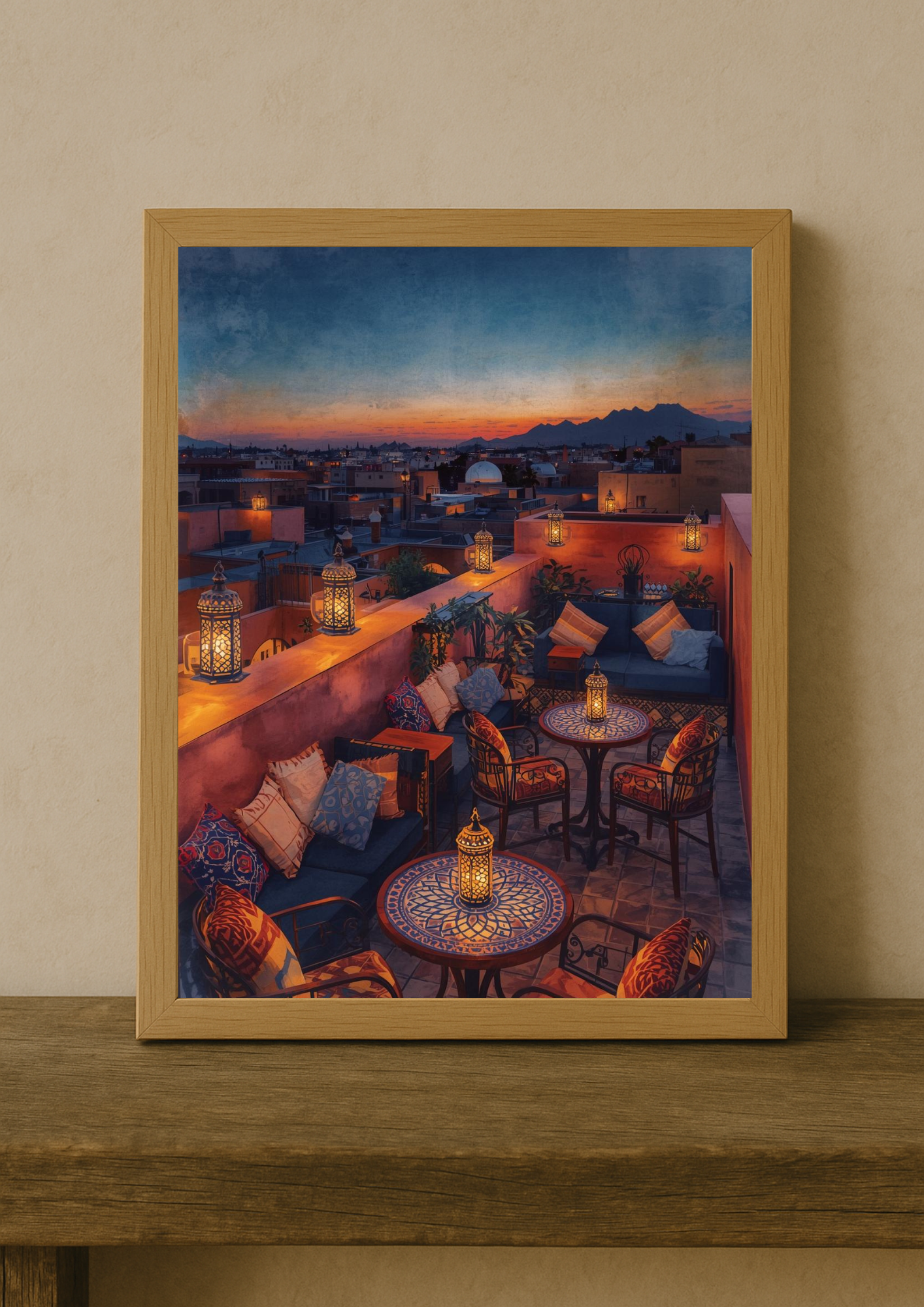 Affiche terrasse orientale au coucher de soleil – lanternes et médina