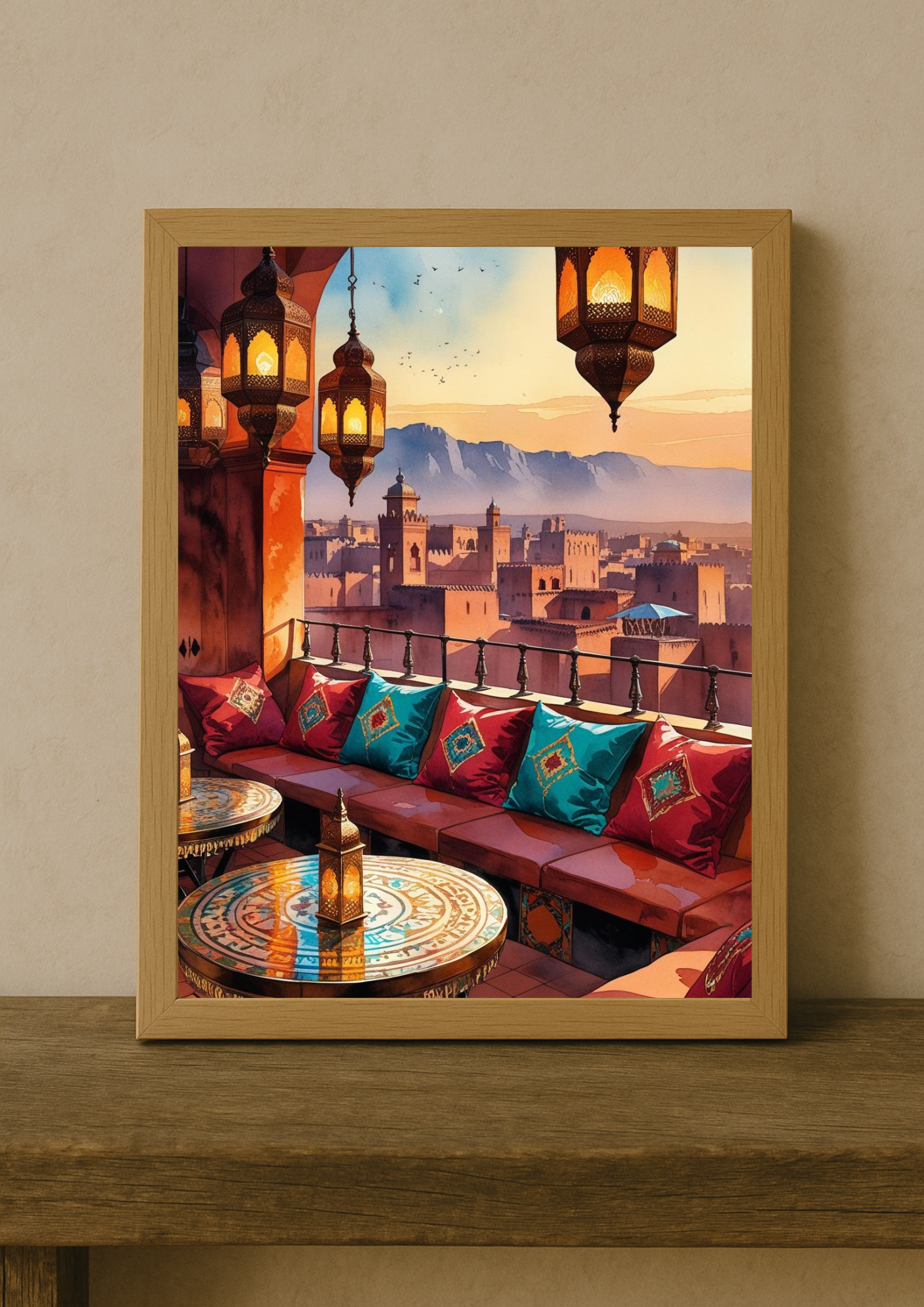 Affiche terrasse de riad marocain au coucher de soleil – lanternes orientales