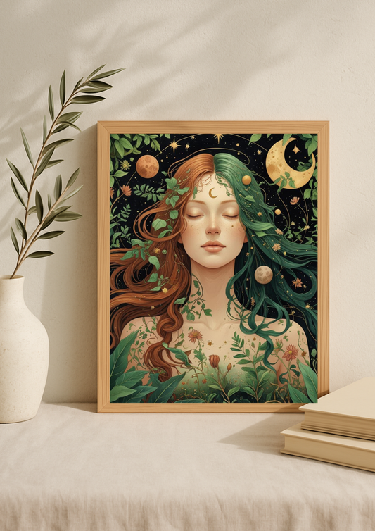 Affiche femme mystique nature – Illustration lunaire bohème
