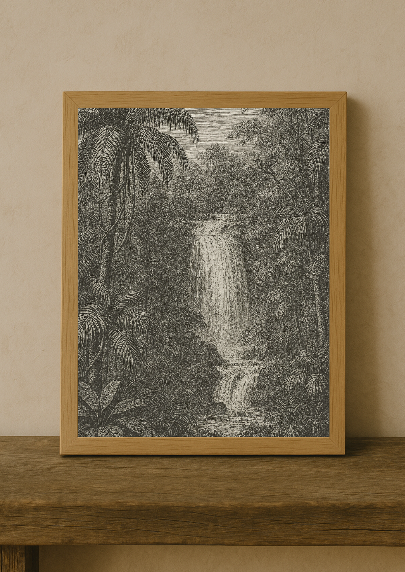 Affiche cascade exotique style gravure ancienne – paysage jungle – tropical – décoration murale safari