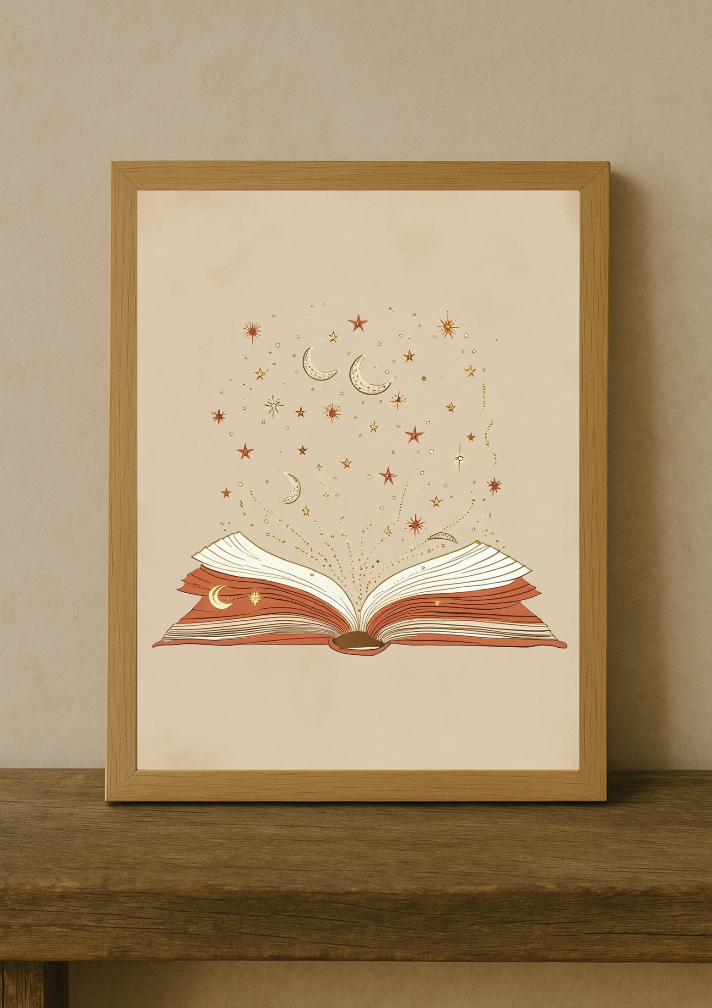 Affiche livre magique étoiles et lunes – illustration poétique minimaliste