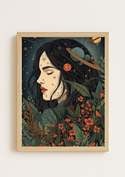 Affiche décorative femme astrale et florale – Art mural bohème – Déco murale A4 – Idée cadeau femme