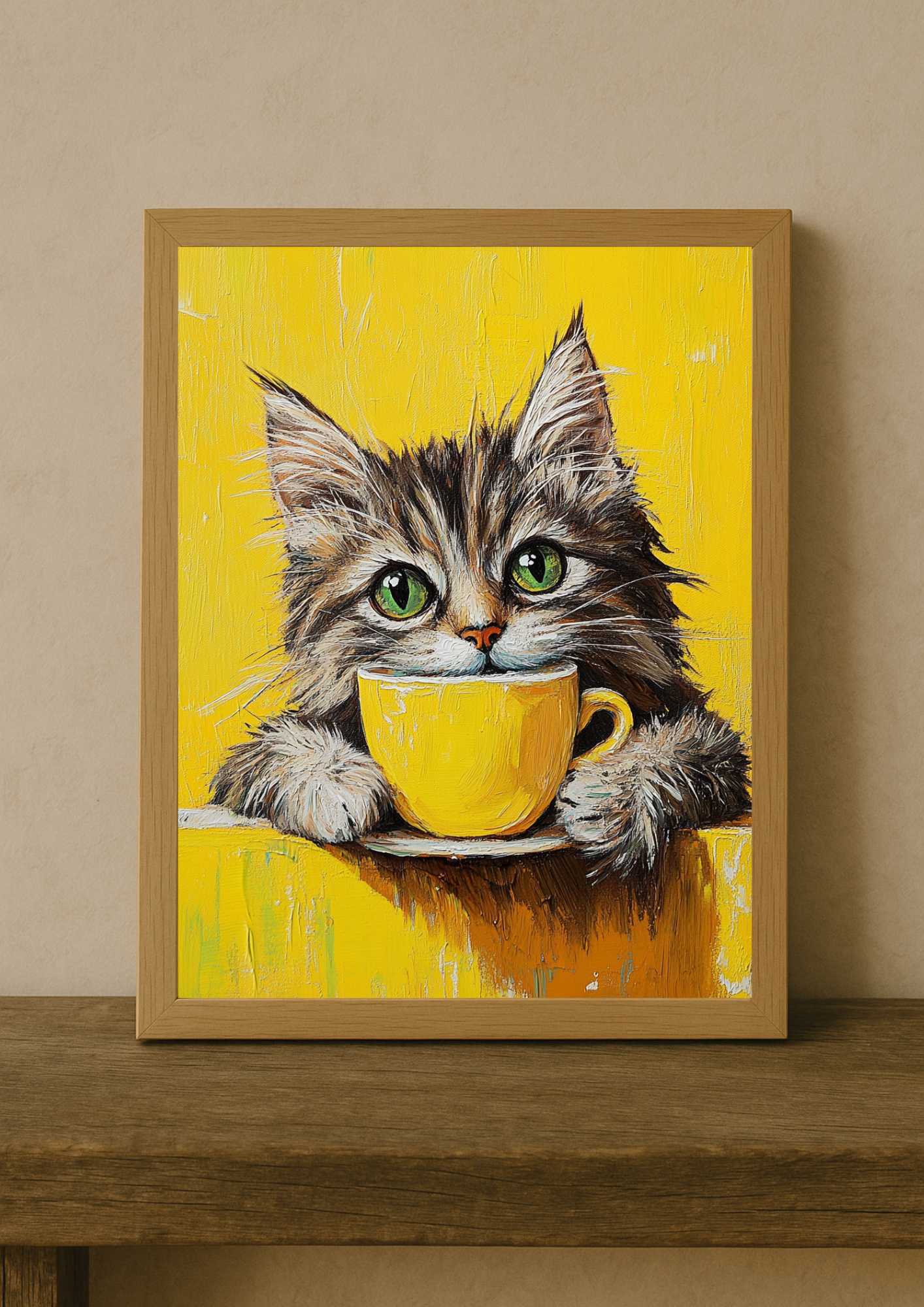 Affiche Chat & Café Jaune A4 – Poster Chat Artistique | Déco Murale Animaux