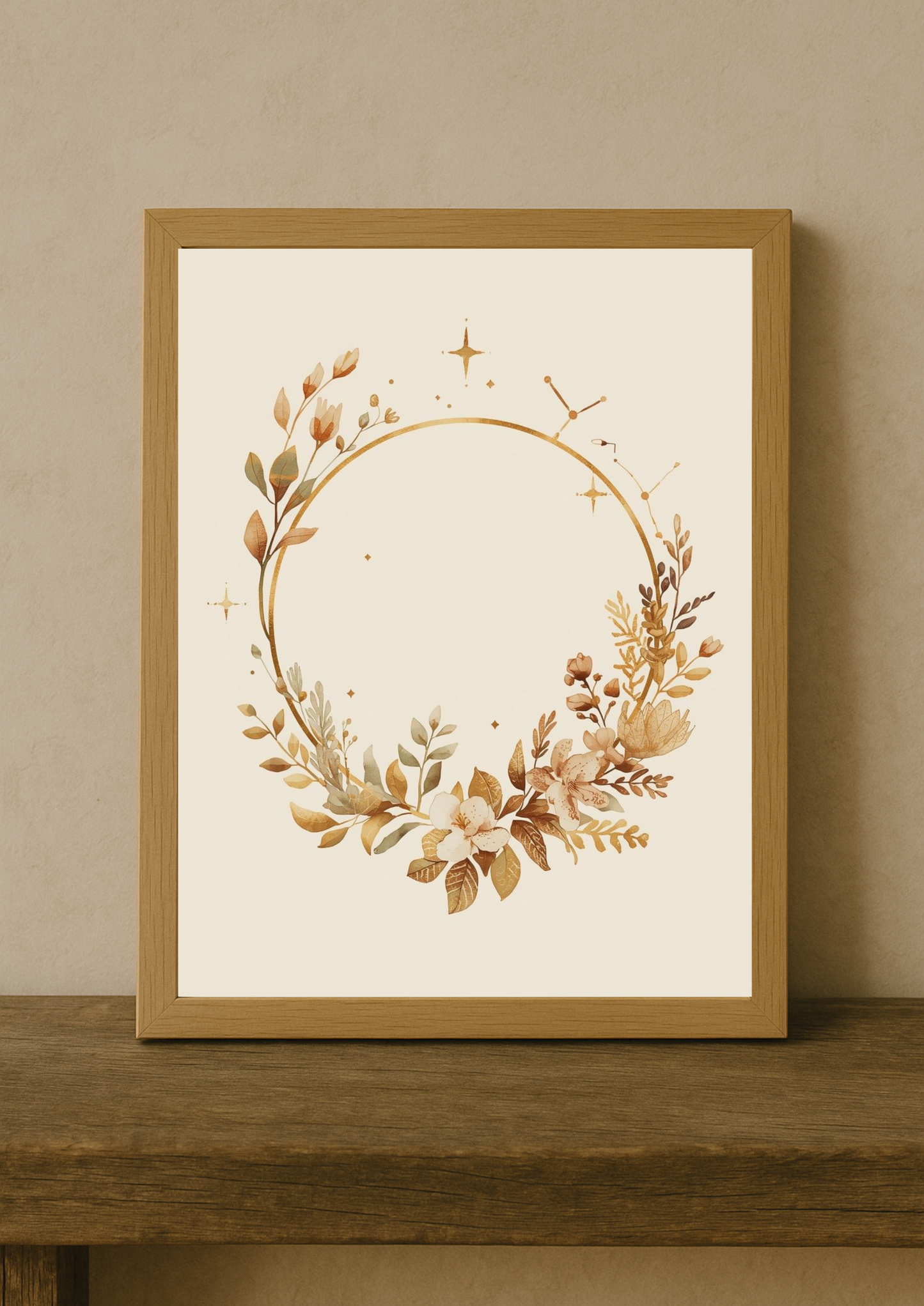 Affiche couronne florale dorée – décoration murale bohème minimaliste