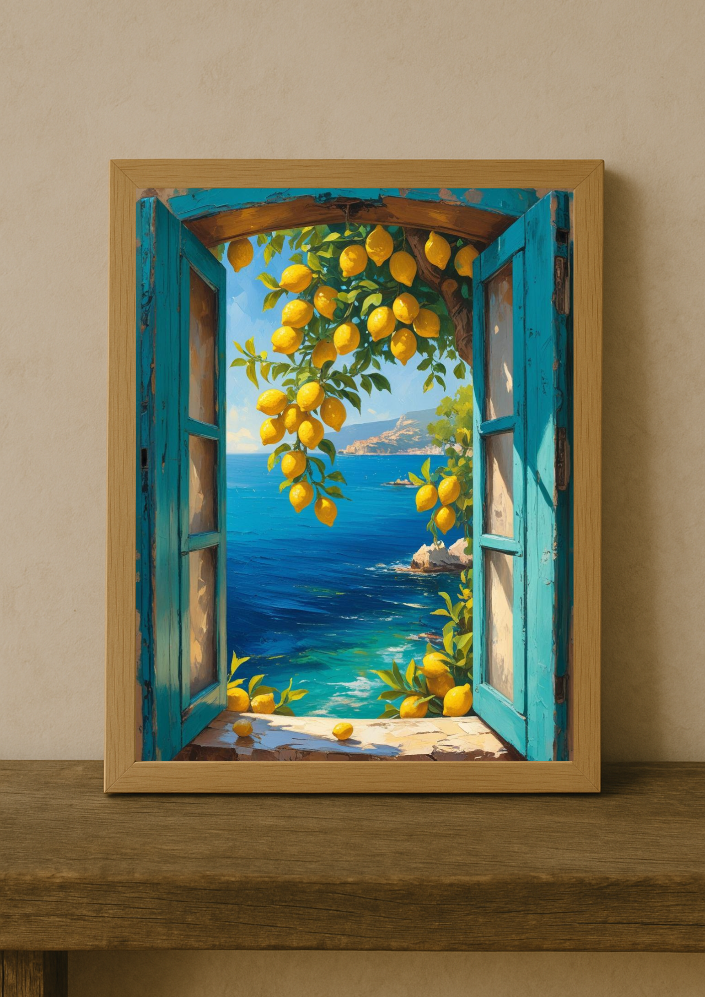 Affiche fenêtre citronnier vue mer – paysage méditerranéen lumineux