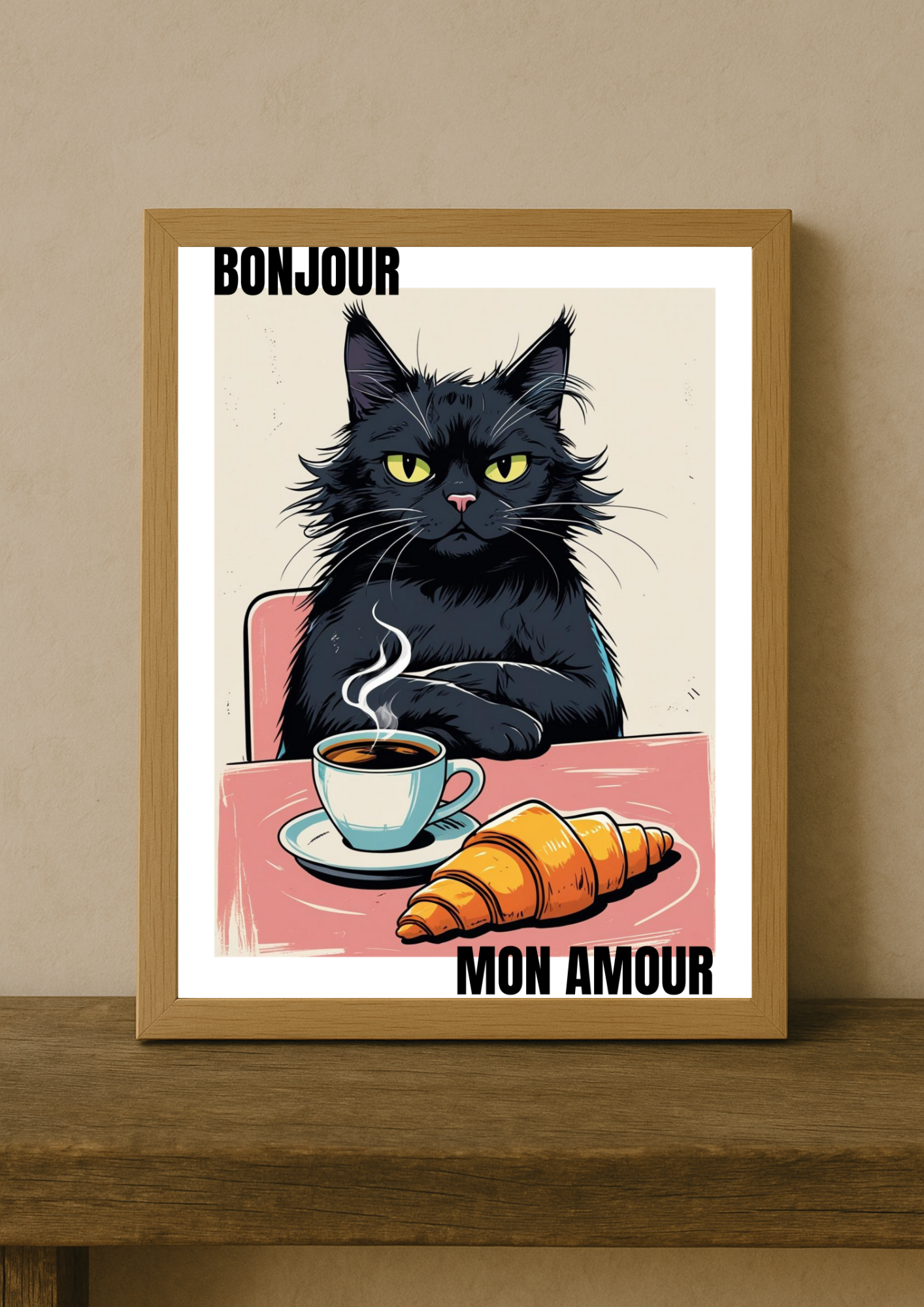Affiche Chat Bonjour Mon Amour A4 – Poster Chat & Café | Déco Murale Cuisine