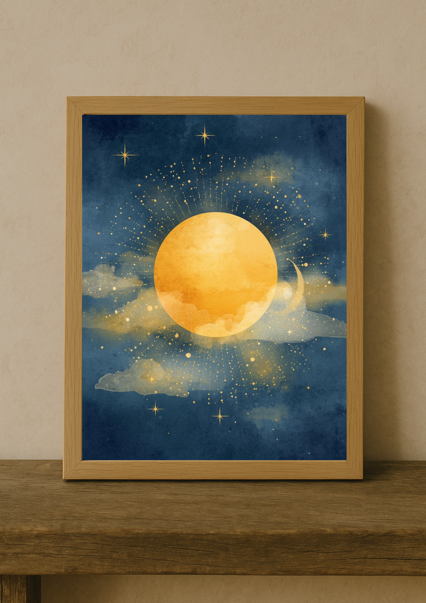 Affiche soleil dorée – Illustration céleste minimaliste – Décoration murale moderne A4