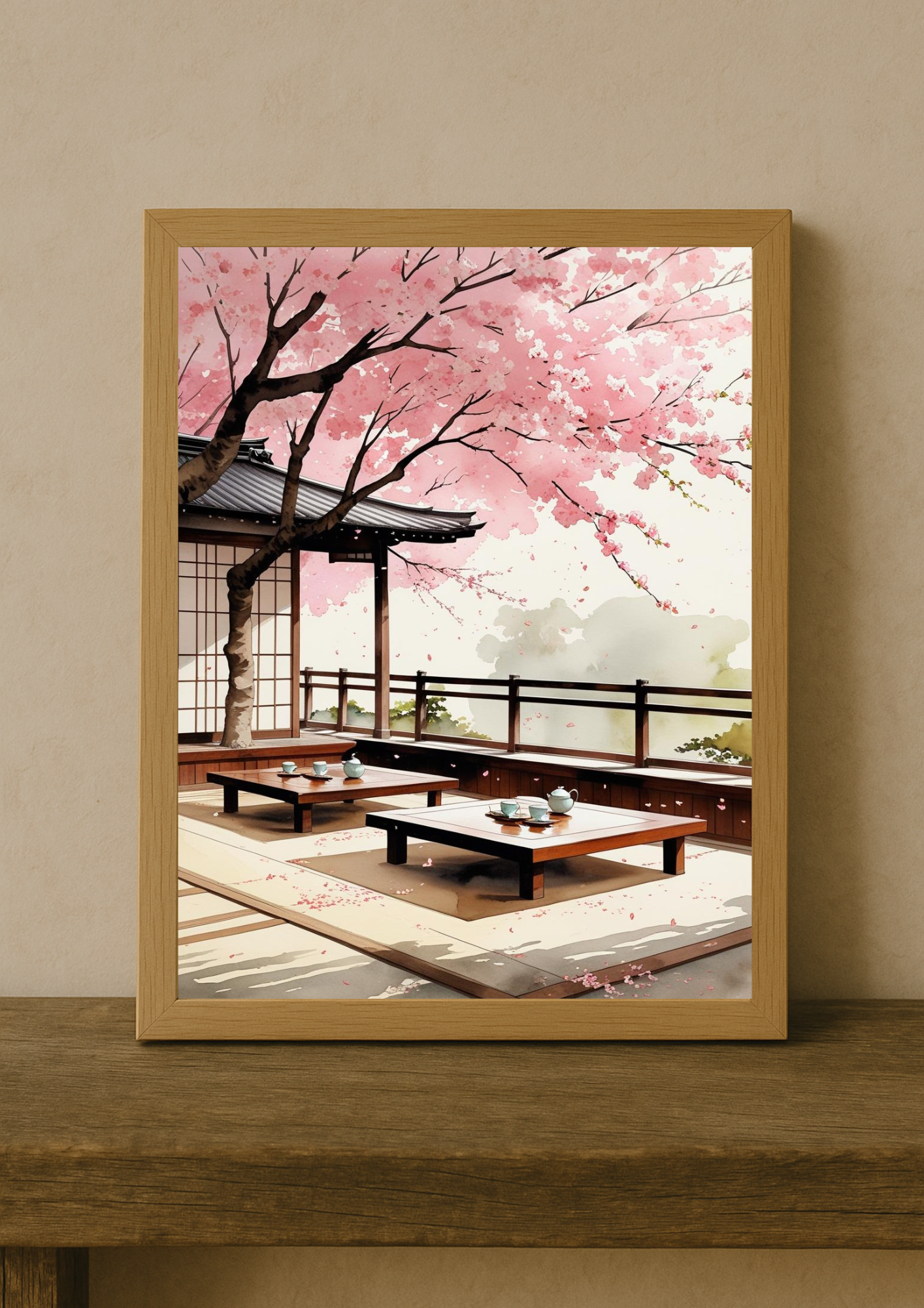 Affiche Kyoto - Terrasse Japonaise - Fleurs de cerisier