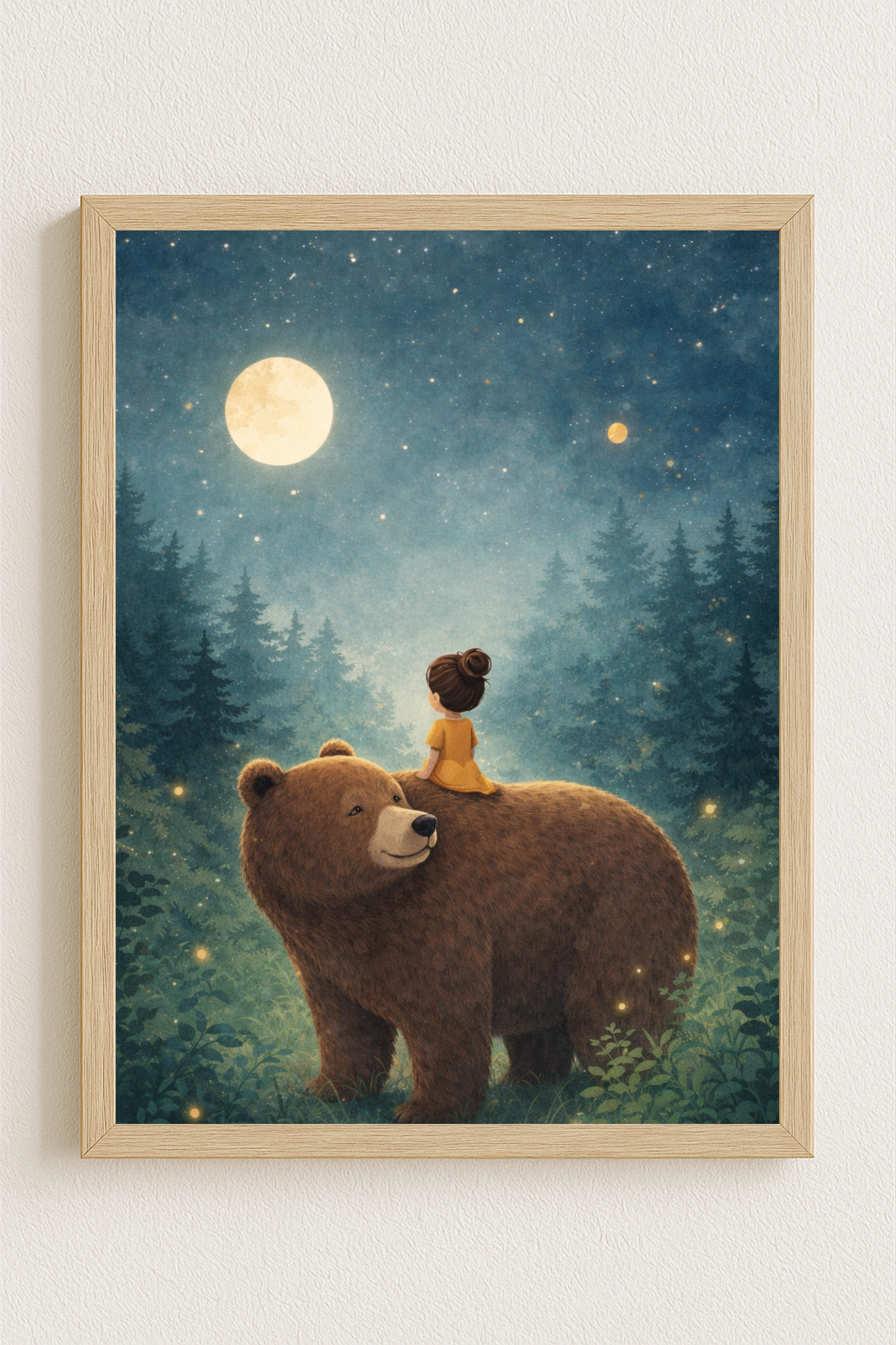Affiche enfant fille et ours sous la lune – illustration chambre bébé - Univers poétique et minimaliste