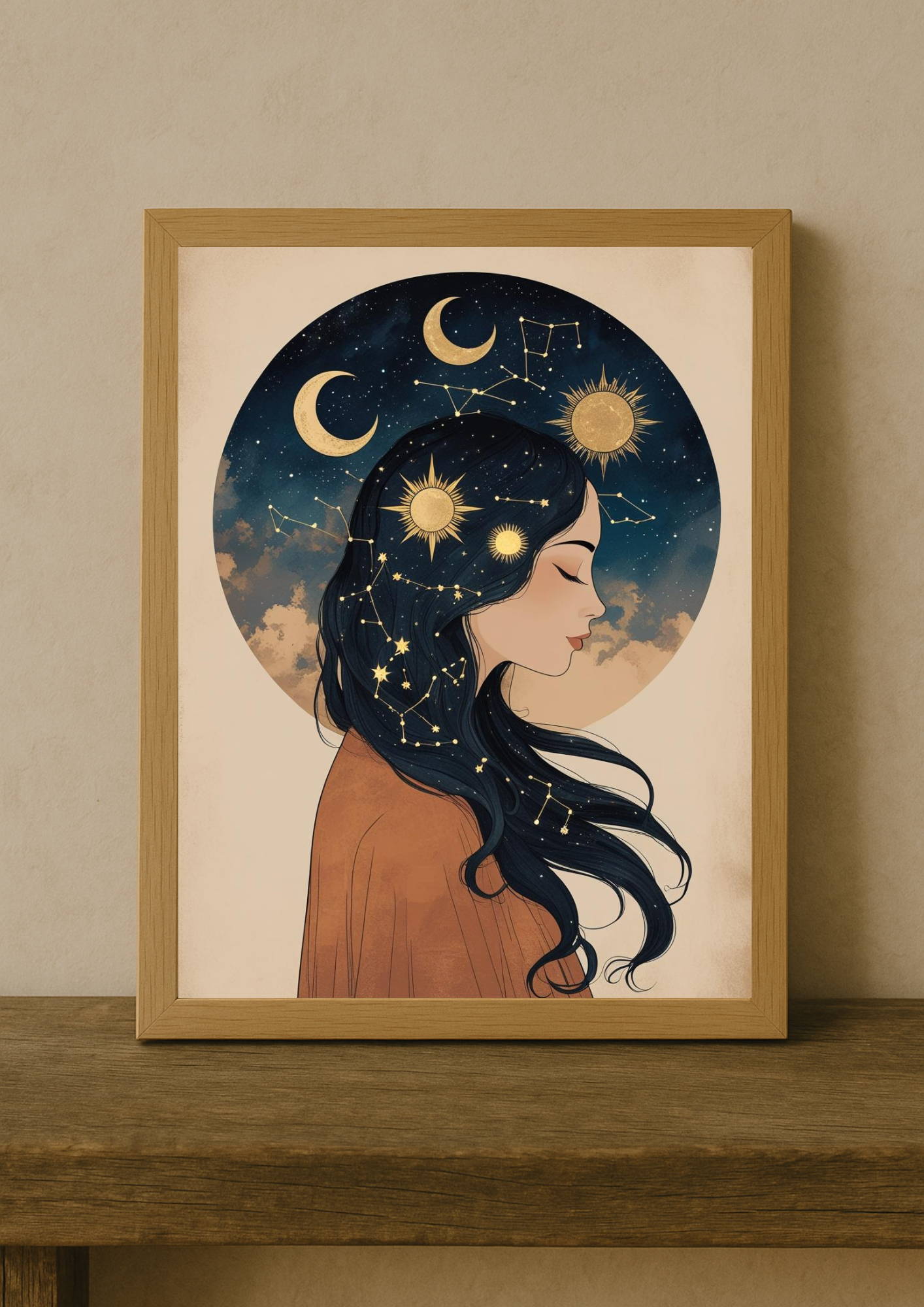 Collection Mystique - Affiche décorative femme astrale – Constellations, lune et soleil - astrologie lune étoile soleil carte tarot planète