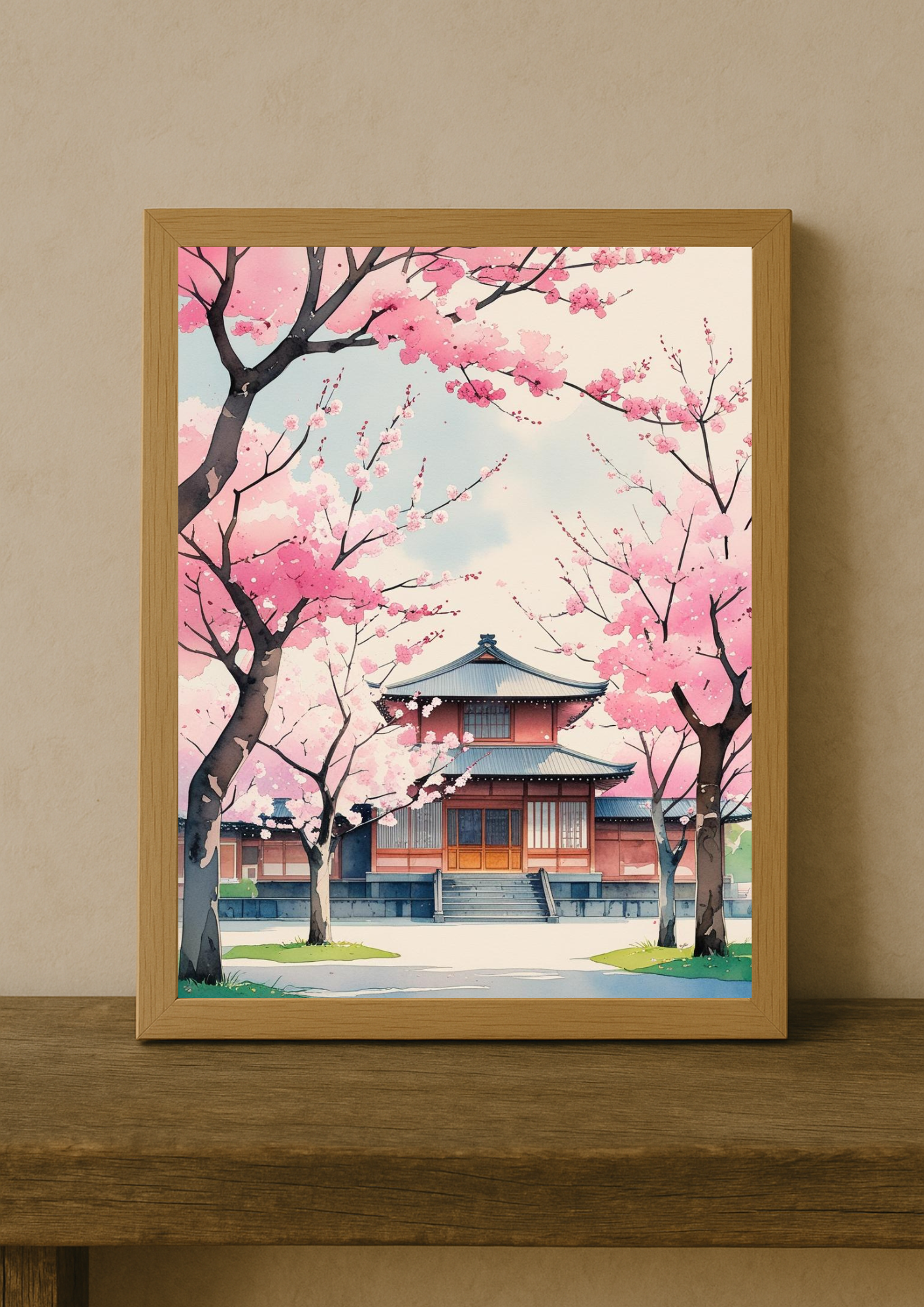 Affiche cerisiers japonais en fleurs – temple traditionnel sakura