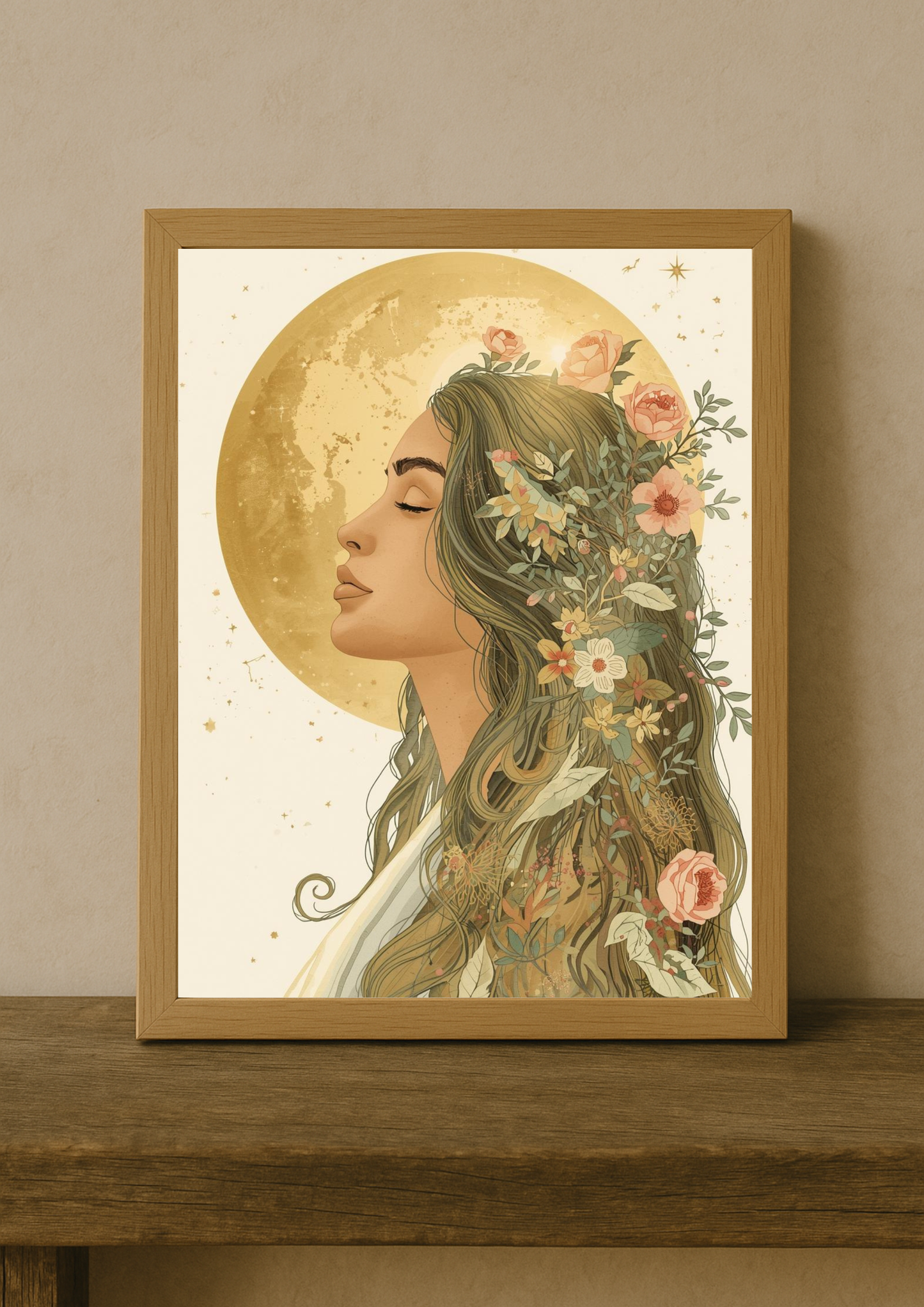 Affiche femme bohème et lune dorée – illustration florale élégante