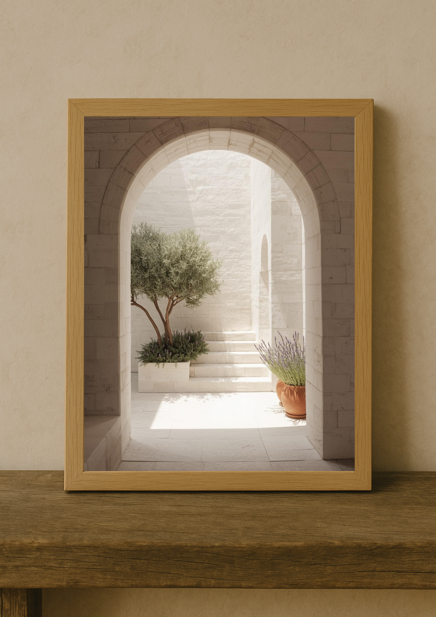 Affiche décoration murale arche en pierre avec olivier et lavande – décoration murale minimaliste beige