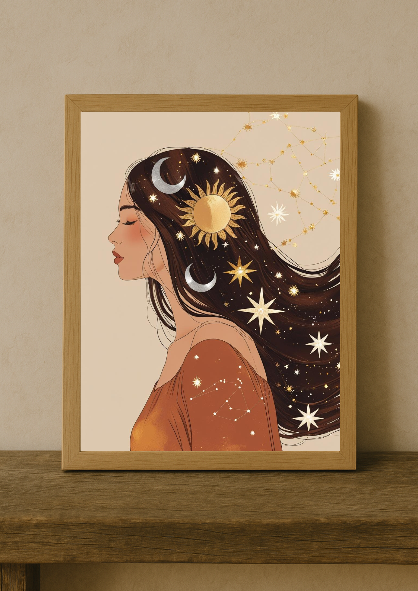 Collection Mystique - Affiche décorative femme astrale soleil et lune – Art mural bohème céleste