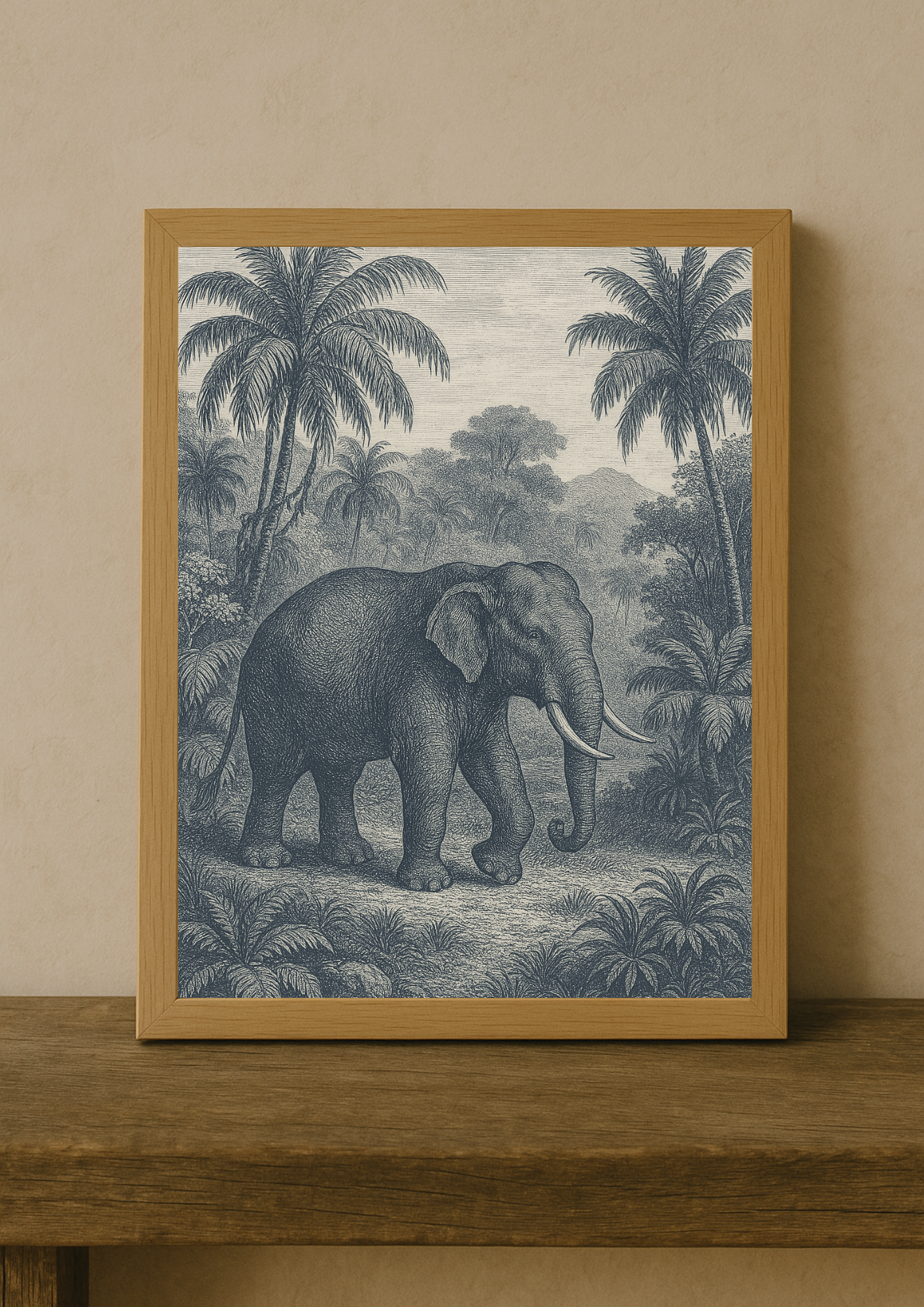 Affiche éléphant tropical style gravure ancienne – décoration murale safari – décoration murale tropical