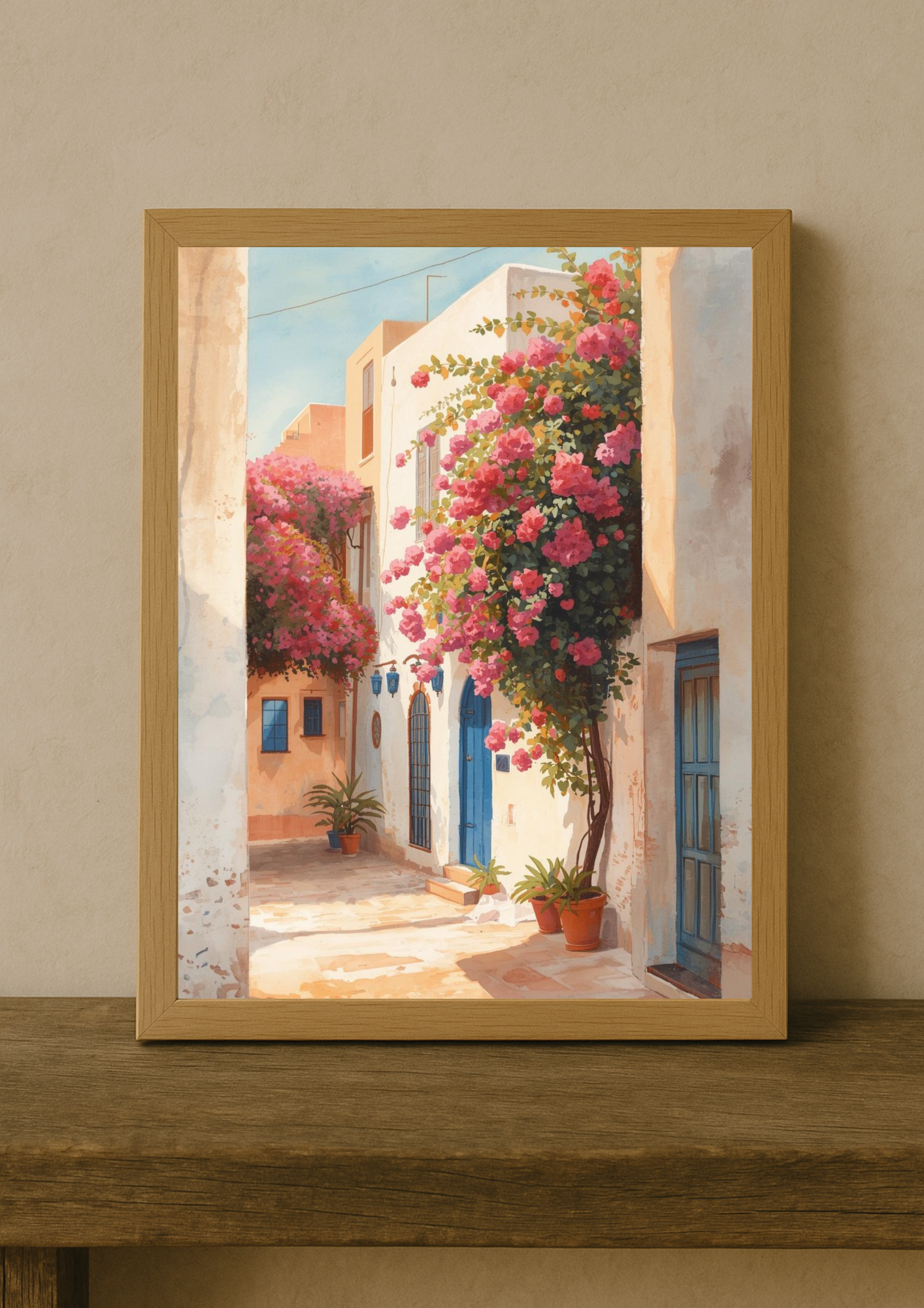 Affiche ruelle méditerranéenne – bougainvilliers roses et portes bleues – décoration murale lumineuse